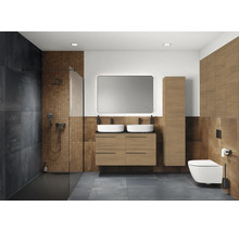 Modernes Badezimmer mit Dusche, Waschtisch mit zwei Waschbecken, Spiegel und Toilette.