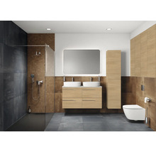 Modernes Badezimmer mit Dusche, Waschtisch mit zwei Waschbecken, Spiegel, Hochschrank und Toilette.