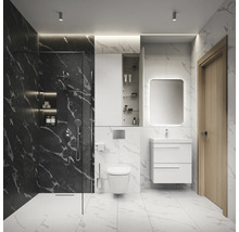 Salle de bains moderne avec douche, lavabo, miroir et toilettes au design clair