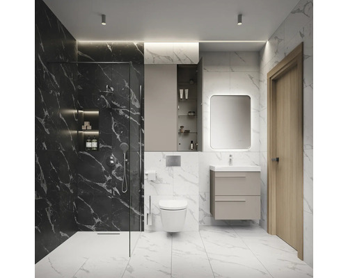 Salle de bain moderne avec douche, toilettes, meuble-lavabo et miroir