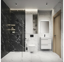 Salle de bains moderne avec douche, toilettes, lavabo et armoire de toilette