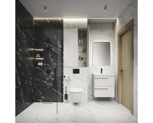 Salle de bains moderne avec douche, toilettes, lavabo et armoire de toilette
