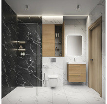 Salle de bain moderne avec douche, lavabo, miroir et toilettes