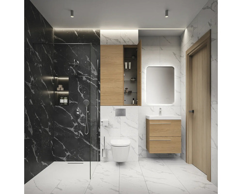 Salle de bain moderne avec douche, lavabo, miroir et toilettes