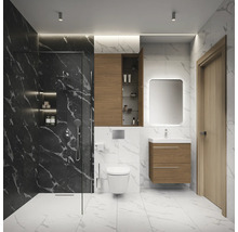 Salle de bain moderne avec douche, lavabo, armoire de toilette et WC.