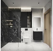 Salle de bain moderne avec douche, toilettes, lavabo et miroir