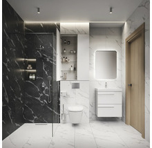 Salle de bains moderne avec douche, toilettes, lavabo et armoire de toilette.