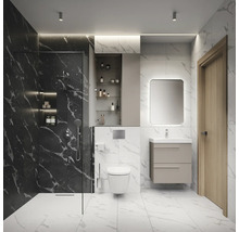 Salle de bain moderne avec douche, toilettes, lavabo et miroir