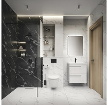 Salle de bain moderne avec douche, toilettes, lavabo et miroir