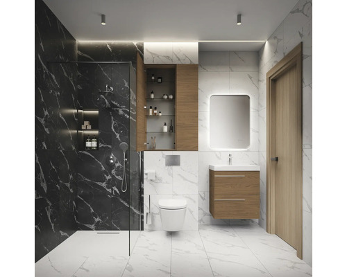 Salle de bain moderne avec douche, toilettes, lavabo et armoire de toilette