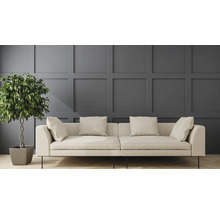 Canapé clair avec coussins et plante d'intérieur devant un panneau mural