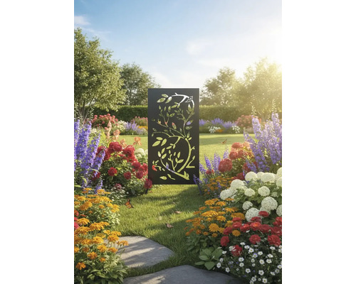 Panneau de jardin décoratif avec motif d'arbre dans un jardin fleuri.