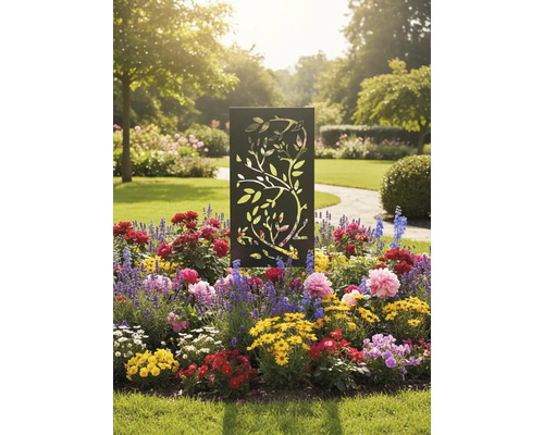 Tuteur de jardin décoratif avec motif d'arbre dans un parterre de fleurs.