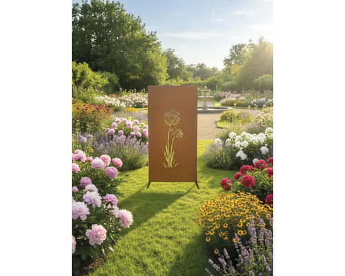 Jardin avec panneau de séparation métallique et motif floral