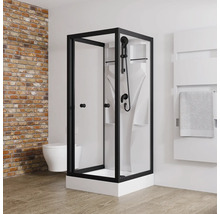 Schwarze Duschkabine mit Brausegarnitur in einem Badezimmer mit Handtuchwärmer und WC.