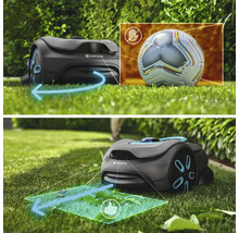 Gardena Mähroboter im Einsatz auf Rasen mit Symbolen für Hinderniserkennung und empfohlene Nutzung