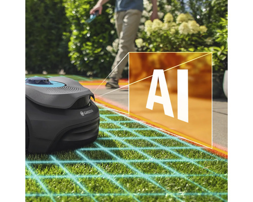 Gardena Mähroboter mit künstlicher Intelligenz im Einsatz auf einem Rasen