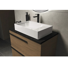 Salle de bains moderne avec vasque à poser, meuble sous-vasque, robinet et distributeur de savon
