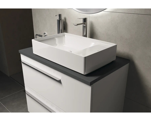 Meuble-lavabo avec meuble bas, vasque à poser, robinetterie et distributeur de savon