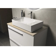 Scène de salle de bains avec lavabo, robinet et meuble sous-vasque
