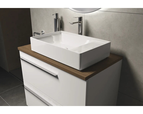 Salle de bain moderne avec vasque à poser, robinetterie et meuble sous-vasque pour une ambiance élégante.
