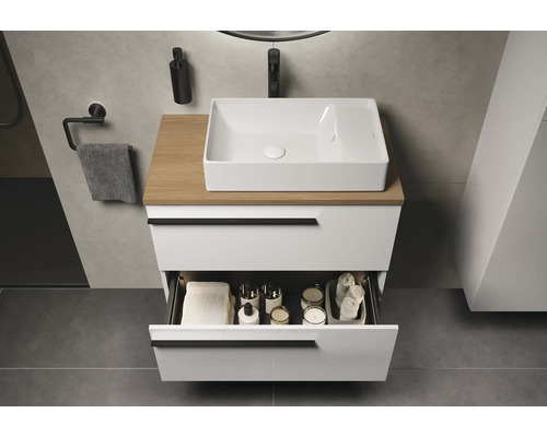 Salle de bain avec meuble-lavabo, tiroirs et vasque à poser