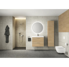 Modernes Badezimmer mit Dusche, Waschtisch mit Spiegel, Hochschrank und Toilette.