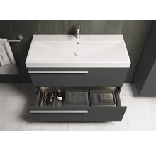Waschtischunterschrank mit offenem Schubfach, Waschbecken und Armatur im Badezimmer