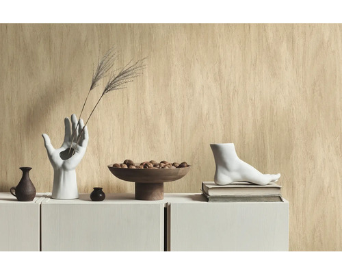 Dekorative Szene mit Vase in Handform, Schale mit Kugeln und Fußskulptur auf einem Schrank