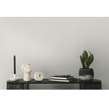 Dekorative Elemente auf einem schwarzen Tisch, darunter eine Kerze, eine Büste, eine Uhr, Bücher und eine Topfpflanze.