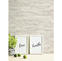 Wandgestaltung mit Steinoptik-Tapete, Dekoration mit Pflanzen und Bilderrahmen