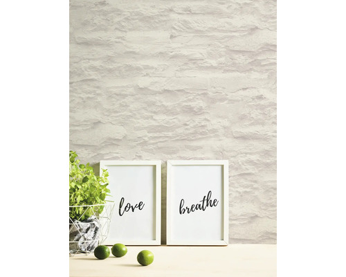 Wandgestaltung mit Steinoptik-Tapete, Dekoration mit Pflanzen und Bilderrahmen