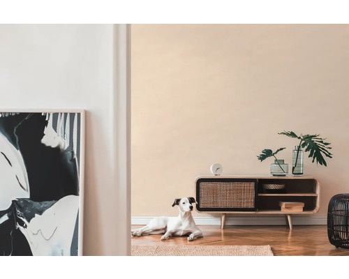 Salon avec meuble en bois, décoration, œuvre d'art et un chien sur un tapis.