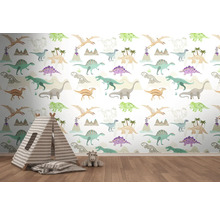 Chambre d'enfant avec papier peint dinosaure, tente de jeu et peluche