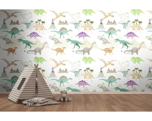 Chambre d'enfant avec papier peint dinosaure, tente de jeu et peluche