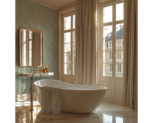 Badezimmer mit freistehender Badewanne, Waschtisch und Spiegel
