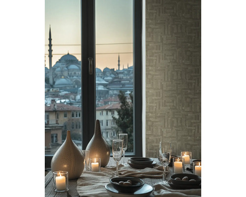 Table à manger décorée avec vue sur une ville