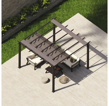 Draufsicht auf eine Terrassenszene mit einer Pergola, Sitzmöbeln und einem Tisch.