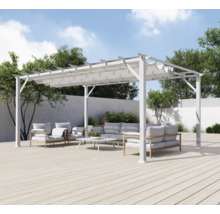 Pergola blanche avec mobilier dans le jardin