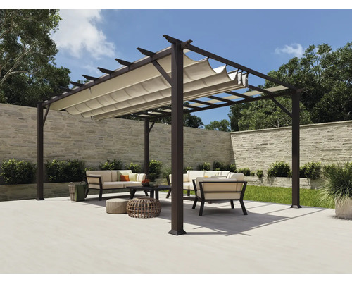 Aluminium Pergola, Pavillon Florenz 11x16 inkl. verstellbarem Sonnensegel 350 x 505 cm Cocoa dunkelbraun Pergola mit ausziehbarem Sonnenschutz und Gartenmöbeln auf Terrasse