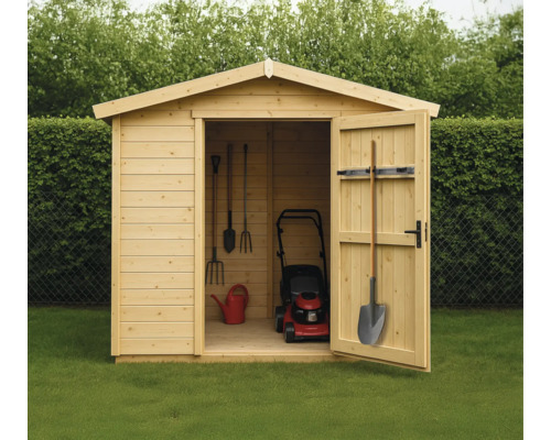 Abri de jardin avec porte ouverte, tondeuse à gazon, arrosoir et outils de jardin