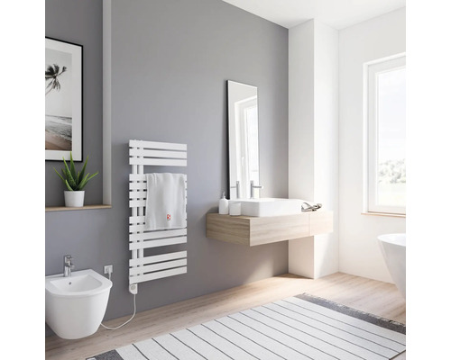 Salle de bains moderne avec sèche-serviettes blanc, bidet et lavabo