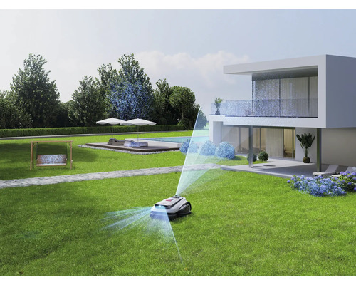 Robot tondeuse au travail dans un jardin moderne avec maison, piscine et balançoire