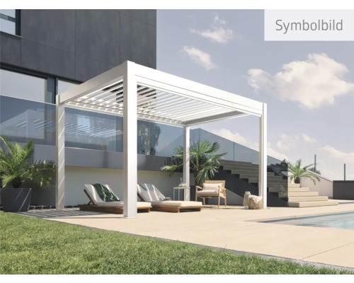 Illustration einer modernen Terrassenüberdachung mit verstellbaren Lamellen, Liegestühlen und Bepflanzung auf einer Terrasse