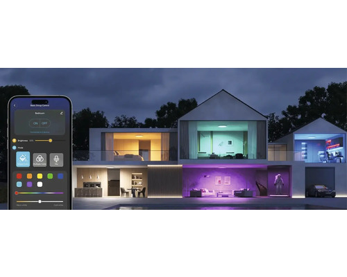 Application smartphone pour contrôler l'éclairage dans une maison moderne avec différentes pièces et éclairage coloré.
