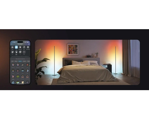 Chambre avec deux lampadaires décoratifs avec différents jeux de lumière, contrôlés via une application pour smartphone.