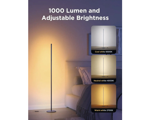 Lampadaire avec 1000 lumens et luminosité réglable pour l'intérieur.