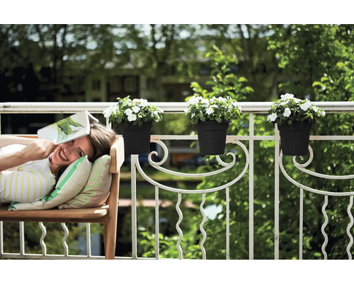 Frau entspannt mit einem Buch auf einer Bank auf dem Balkon mit Blumenkästen
