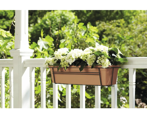 Blumenkasten mit Halterung an einem Geländer mit Hortensien bepflanzt