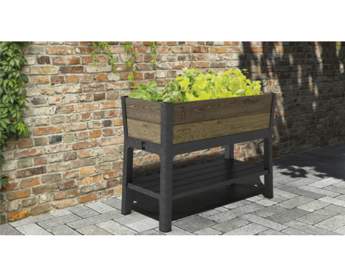 Hochbeet mit Ablagefläche und Bepflanzung vor einer Backsteinmauer